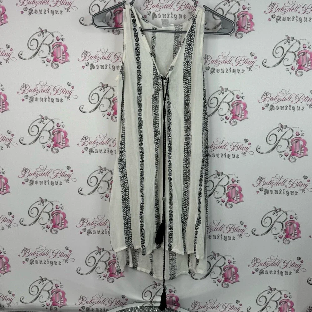 Koy resort tank top long style tassle ties  Black White Striped Sleeveless Top